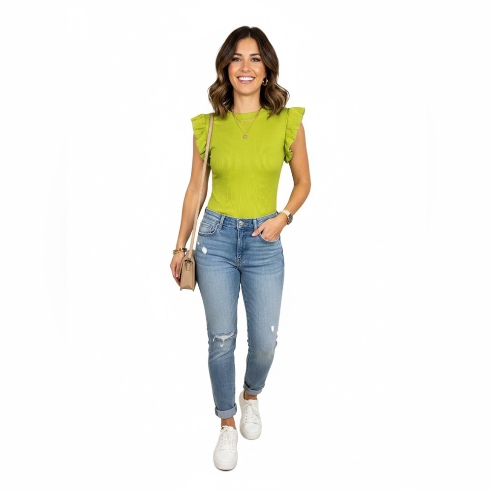 SHEIN Lime Green Ribbed Ruffle Sleeve Bodysuit Medium Stretch Summer Top